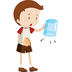 Cartoon boy holding empty water jug and a plate with surprised expression and transparent background