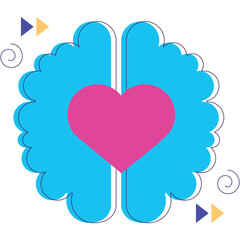 Abstract illustration of a bright blue brain shape with a pink heart in the center and small purple and yellow triangles on the sides on a transparent background