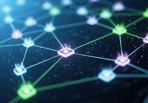 Abstract technology background with glowing nodes connected by lines representing a network or connection system