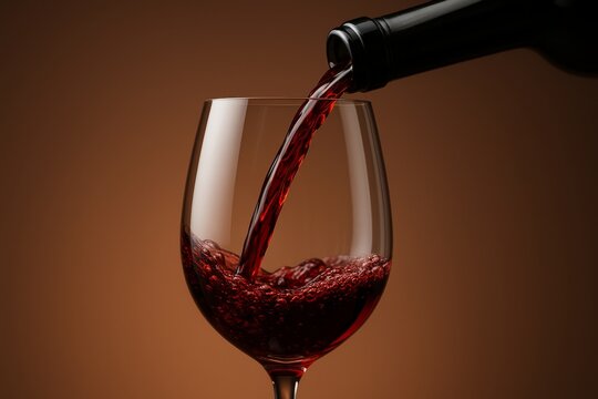 Close-up of red wine being poured into a glass from bottle with splash and bubbles on brown gradient background, elegant drinks concept image. Ai generative