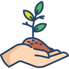 A stylized illustration of a hand gently holding a small green seedling with soil on a transparent background symbolizing growth and new beginnings