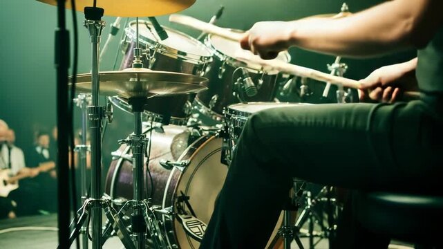 Closeup of a drummer playing a drum set on stage