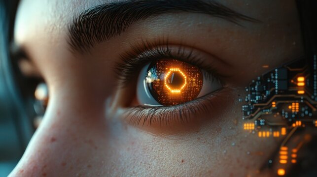 Close-up of a woman's cybernetic eye