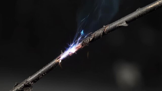 Macro shot of a faulty electrical wire with erratic blue and white sparks and subtle smoke plume. Electricity hazard and short circuit footage.