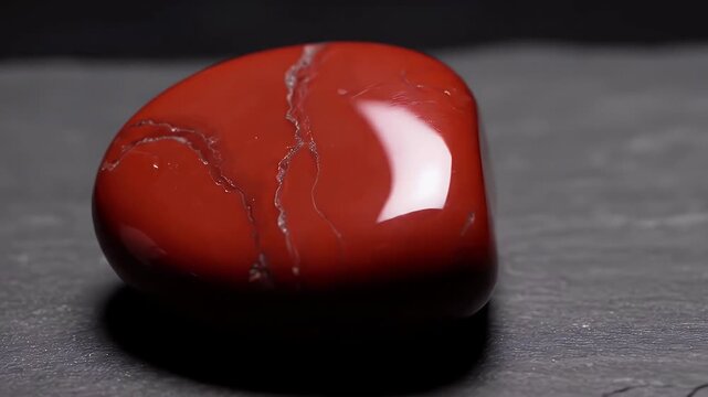 Close up of a polished red jasper stone on dark surface