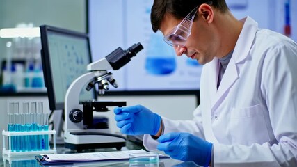 A lab worker in protective gear examines a petri dish, microscope present. Background shows a screen - Powered by Adobe