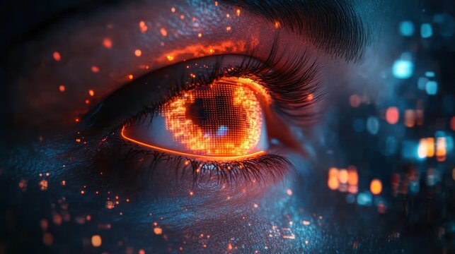 Close-up of an eye with fiery, glowing details