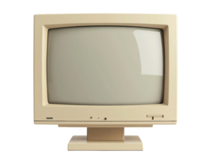 A 90s retro beige computer monitor, CRT screen, 3D render, retro tech, isolated on transparent background, PNG