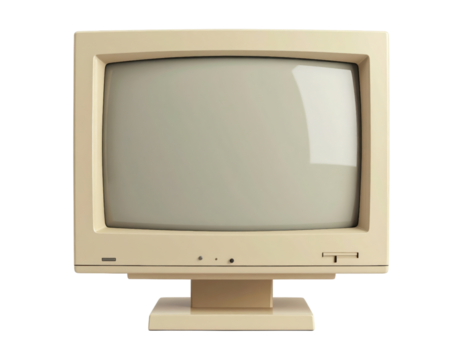 A 90s retro beige computer monitor, CRT screen, 3D render, retro tech, isolated on transparent background, PNG