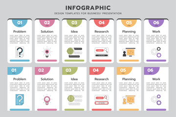 Infographic for business data visualization. Step timeline for template vector with 6 signs and icons options or steps. Diagram, presentations, workflow layout, banner flow chart, info graph.