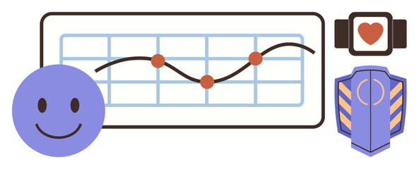happy face, fitness tracker, heart rate chart, and health shield represent data tracking, wellness, and fitness. Ideal for health tech, self-care, productivity fitness well-being prevention