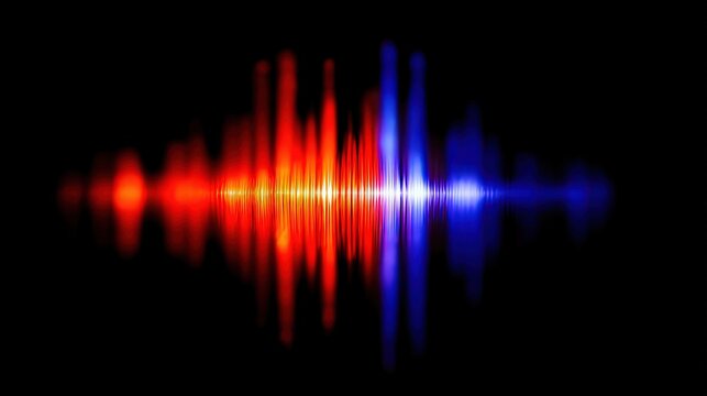 A vibrant audio waveform visualization in red and blue against a black background, representing sound frequencies and dynamics.