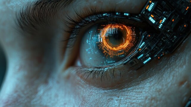 Close-up of futuristic eye with glowing circuitry