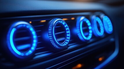 Close-up of glowing blue car air vents
