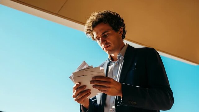 Man in suit looking at a stack of envelopes outdoors