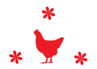 red chicken with flowers on a white background, logo, illustration,