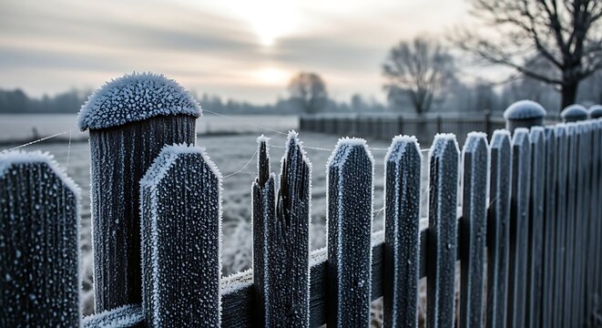 Frosty wooden fence in winter landscape at sunrise or sunset