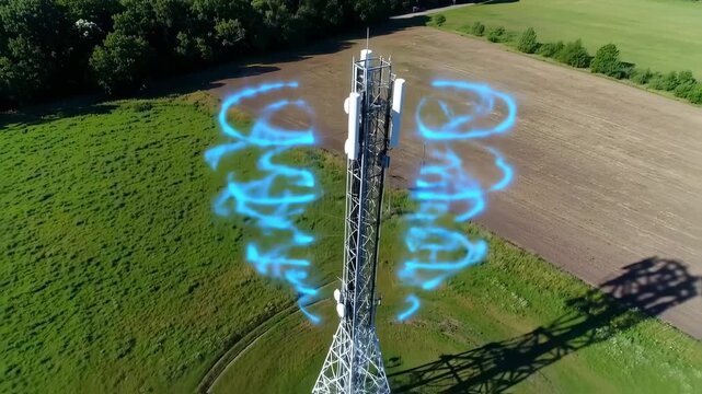 An aerial view features a tall metal tower emitting blue energy over a green landscape
