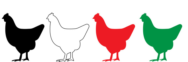 four chickens set on a white background, color, illustration,