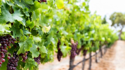 Vibrant vineyard rows stretch under the sun, lush grapevines laden with ripe fruit, hints of a summer harvest or wine celebration