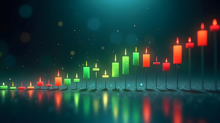 3D futuristic stock market candlestick chart with glowing green and red candles on a dark holographic interface, cinematic lighting and reflections. AI Generated.