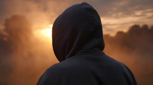 A solitary figure in a dark hood looks towards a dramatic hazy sunset glow through atmospheric mist