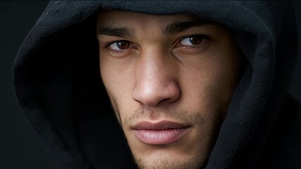 Close-up of a serious young male, intense gaze under a hood, capturing a mysterious and introspective mood, Halloween or urban lifestyle vibe