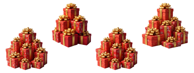 Set of stacked red gift box pyramids with gold bows