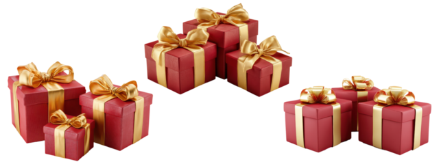 Set of stacked red gift box pyramids with gold bows