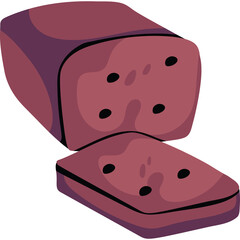 Illustration of a sliced loaf of dark purple bread with four black pips on each slice isolated on a transparent background