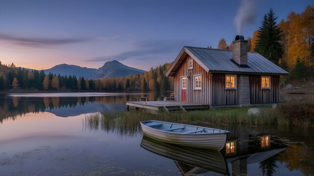 Boats on a calm lake during sunset