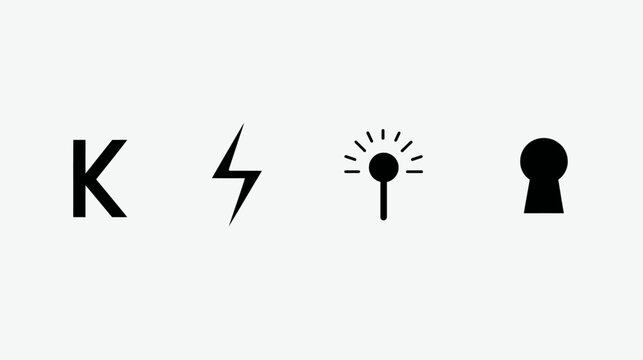 Minimalist Black Icons Set: Letter K, Lightning Bolt, Spark, and Keyhole Symbols for UI/UX Design Elements