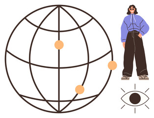 Fototapeta premium Large spherical grid with points symbolizing global connections, person in casual attire, and stylized eye. Ideal for technology, networking, global vision, surveillance, individuality, design