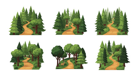 a series of forest scenes showing paths winding through trees