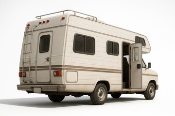 Old motorhome rear three quarter perspective with ladder spare tire and rear door slightly open on white
