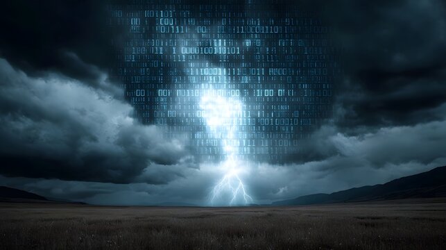 Digital storm with lightning strike and binary code overlay in dark clouds