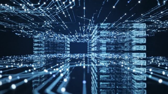 Abstract High-Tech Background with Flowing Data Streams and Network Links &ndash; Futuristic Digital Grid Illuminated by Flashing Lines Symbolizing Connectivity, Information Transfer, and Modern Innovation