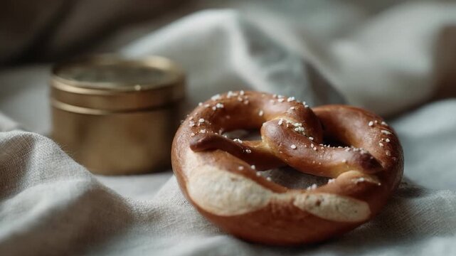 Golden-brown pretzel on soft fabric, evokes cozy autumn vibes, perfect for Oktoberfest themes, invokes a sense of warmth and tradition, close-up shot