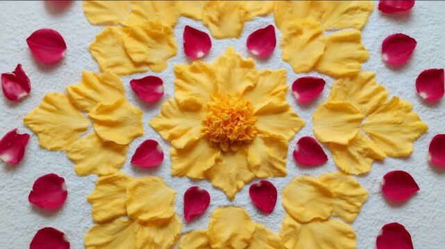 vibrant floral mandala, yellow and red petals form intricate pattern, evokes sense of harmony and celebration, suitable for spring or Diwali