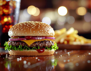 Close-up of a Juicy Gourmet Cheeseburger with Melted Cheese, Crispy Bacon, Fresh Lettuce, Ripe Tomato, and Pickles Served on a Rustic Wooden Table .Thank You .