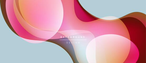 Abstract shapes overlap, creating dynamic composition. Soft pinks, reds, browns blend with light blue background. Modern design element.