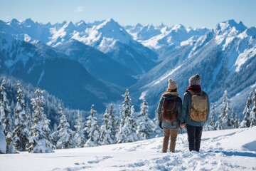 Romantic winter hike: two travelers admiring a vast snowy mountain landscape with open sky and distant peaks
