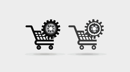 E-commerce automation concept with shopping cart and gear icons, representing online store settings, optimization, and digital purchasing processes.