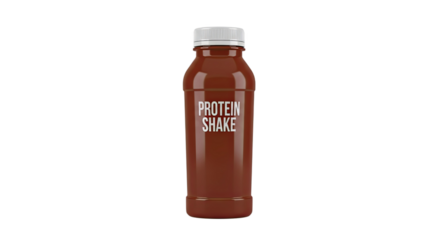 Chocolate Protein Shake Bottle with White Text on Brown Background