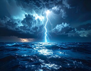 Dramatic view of ocean with storm and lightning strike