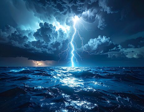 Dramatic view of ocean with storm and lightning strike