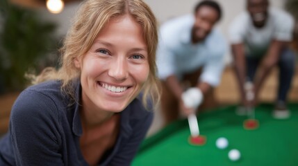 A young woman radiates joy while her friends engage in a casual game of mini-golf. The scene captures the spirit of friendly competition and leisure.