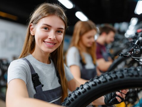 A young woman, radiating confidence, smiles broadly as she meticulously inspects a bicycle wheel, embodying dedication to craft and expertise in a professional workshop setting.