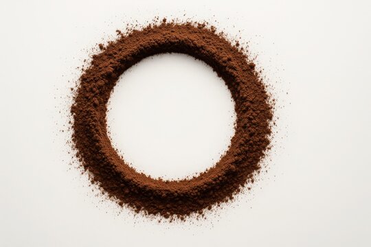 Cocoa powder top down composition arranged as a clean circular ring leaving a bright central void on white