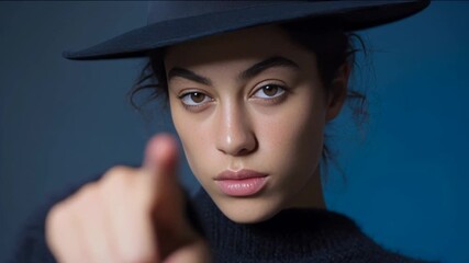 Young woman points directly, intense focus and bold expression, mysterious vibe with modern fashion elements